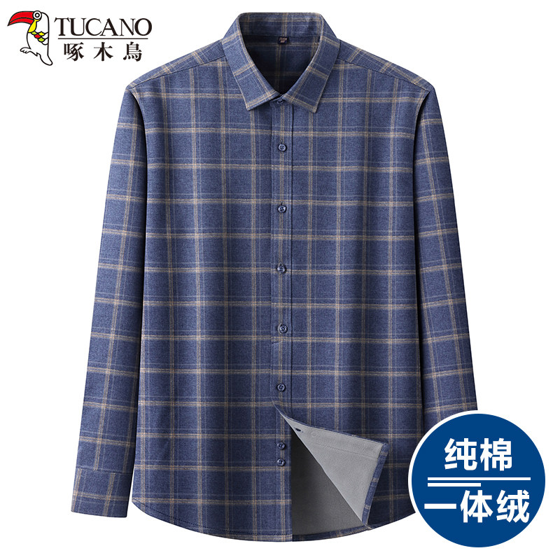 啄木鸟冬季男士长袖纯棉格子一体绒保暖衬衫加绒加厚休闲全棉衬衣