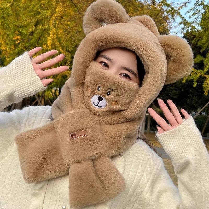 可爱小熊口罩帽子围巾一体女2026秋冬季毛绒围脖连帽骑车保暖冬天