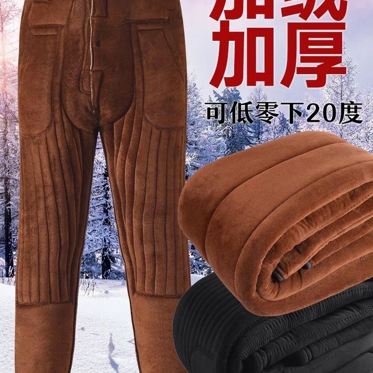 冬季加绒加厚男士老人棉裤高腰驼绒护膝三层中老年保暖特厚棉裤