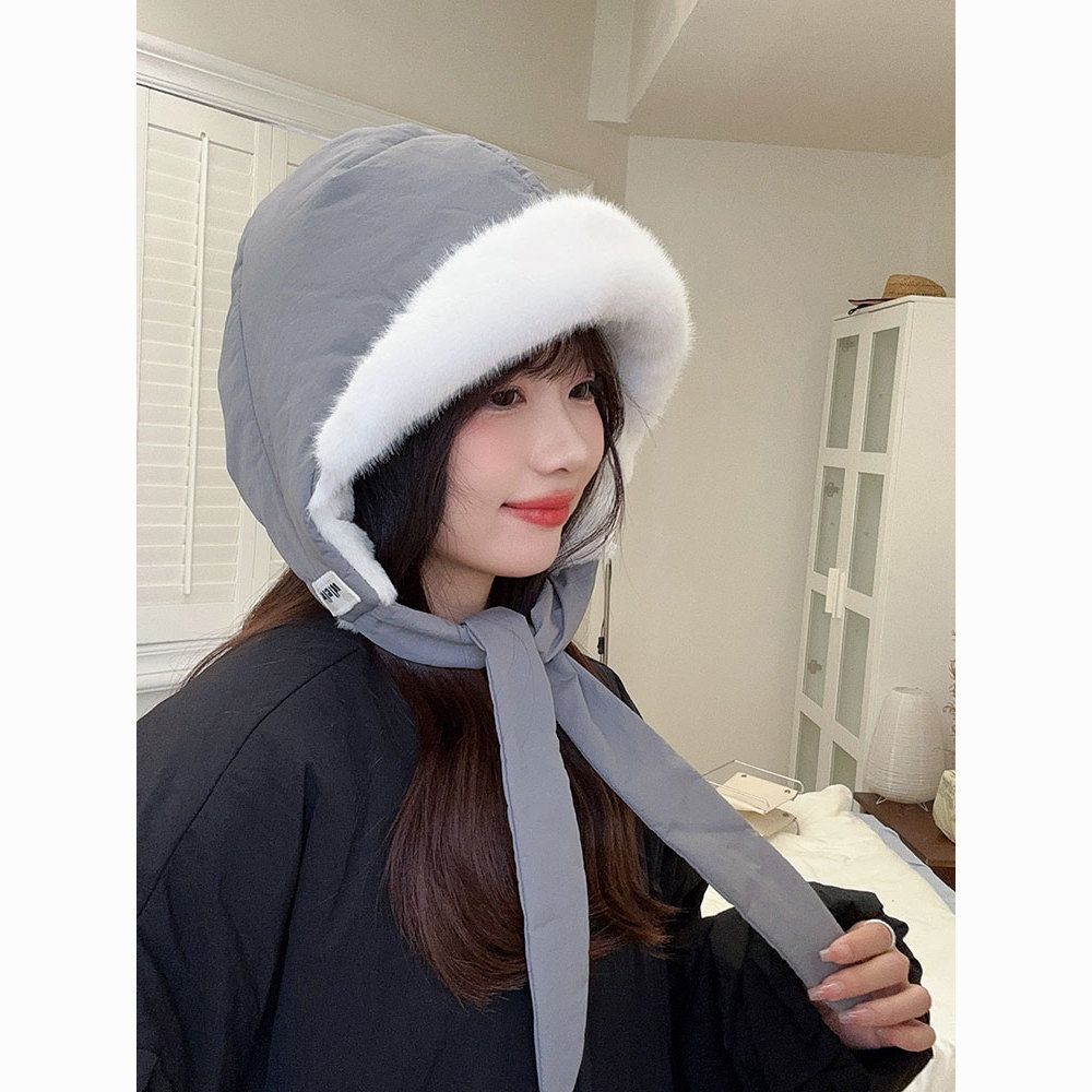 女秋冬雷锋帽韩版户外骑行季防寒保暖加厚包头帽大头围包包两用