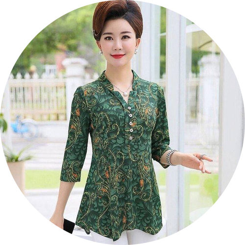 2025夏中袖中老年女装宽松大码妈妈装长袖春秋装打底衬衫上衣恤 - 图1