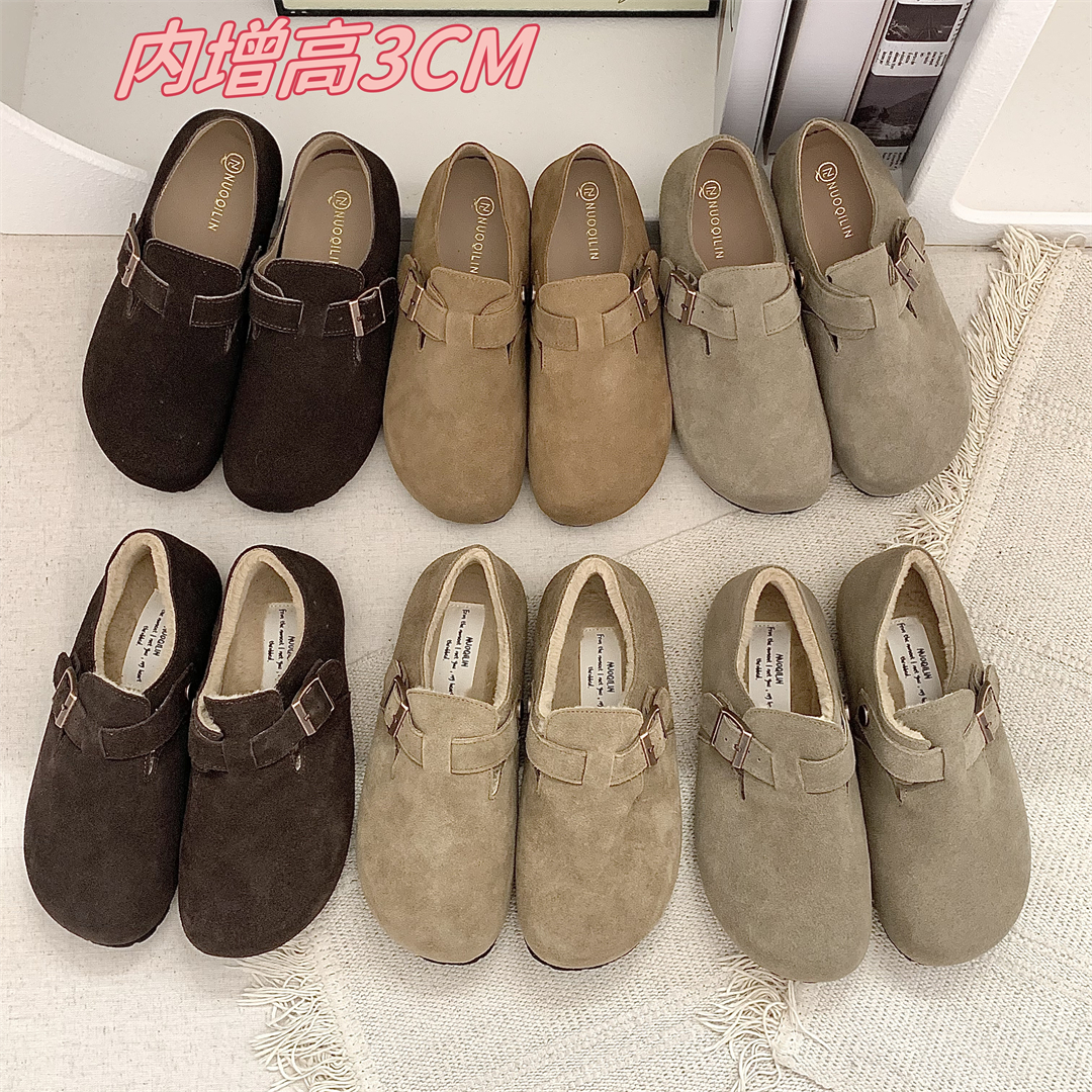 真牛皮厚底勃肯鞋女加绒保暖单鞋