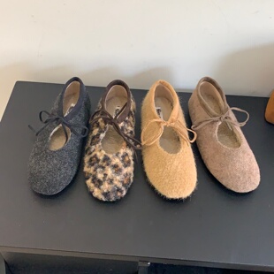 2025新款毛毛鞋系带蝴蝶结绵鞋软平底百搭加绒单鞋女豹纹玛丽珍鞋