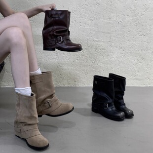 复古棕色擦色粗跟短筒裤管靴堆堆靴女靴早秋绒面卡其色西部靴短靴