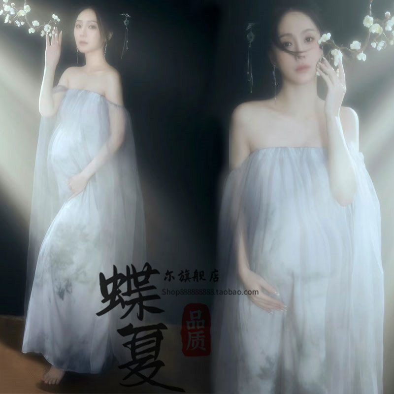 孕妈咪甜美一字肩连衣裙写真服饰