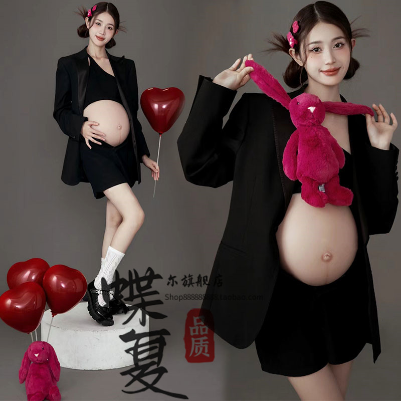 孕妇照摄影服装黑色新款港风影楼孕妈写真拍照大片杂志风西服套装