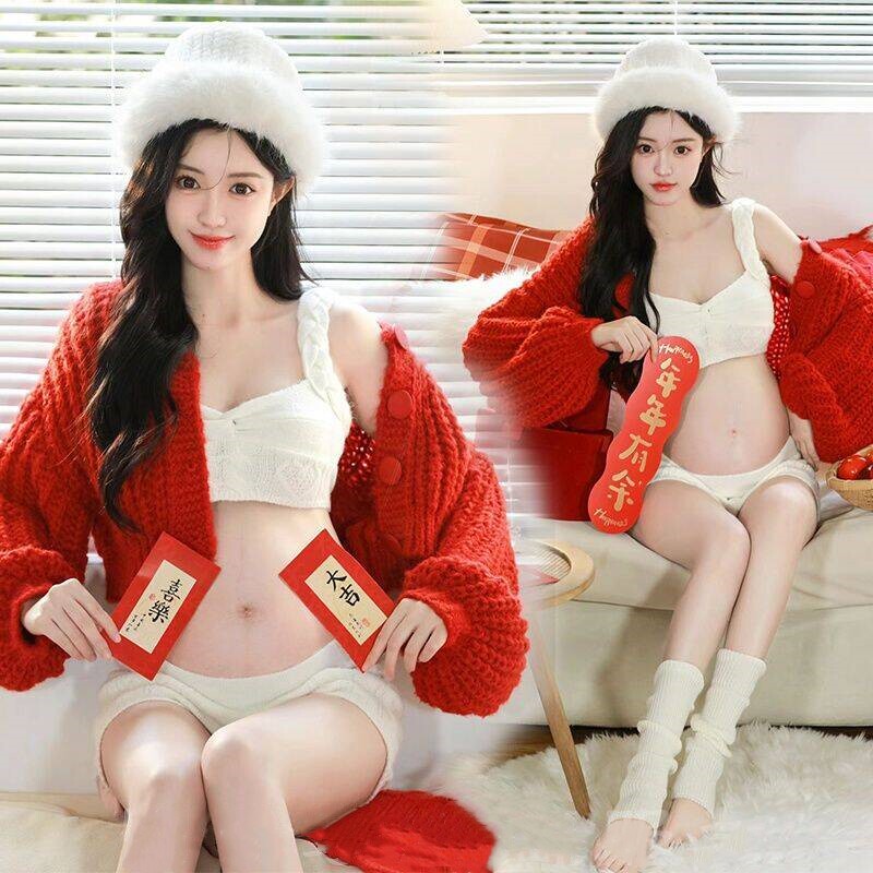 写真孕妇服装新年主题红色毛衣装