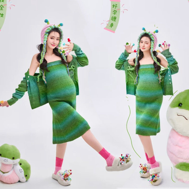 2025蛇年孕妇装拍照服装影楼绿色蛇宝宝大肚照写真照拍摄主题套装