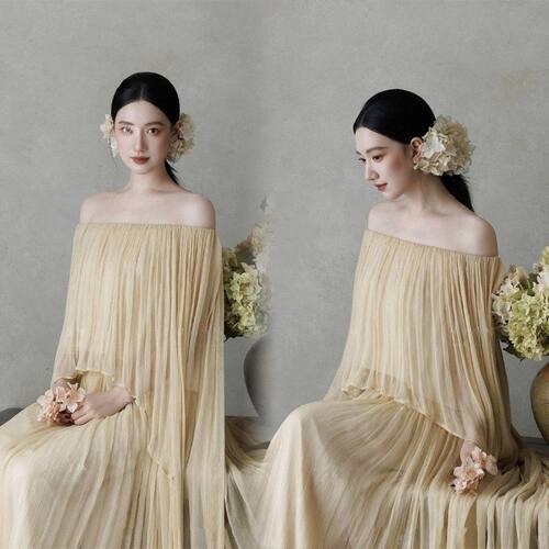 法式新中式一字肩纱质影楼长裙