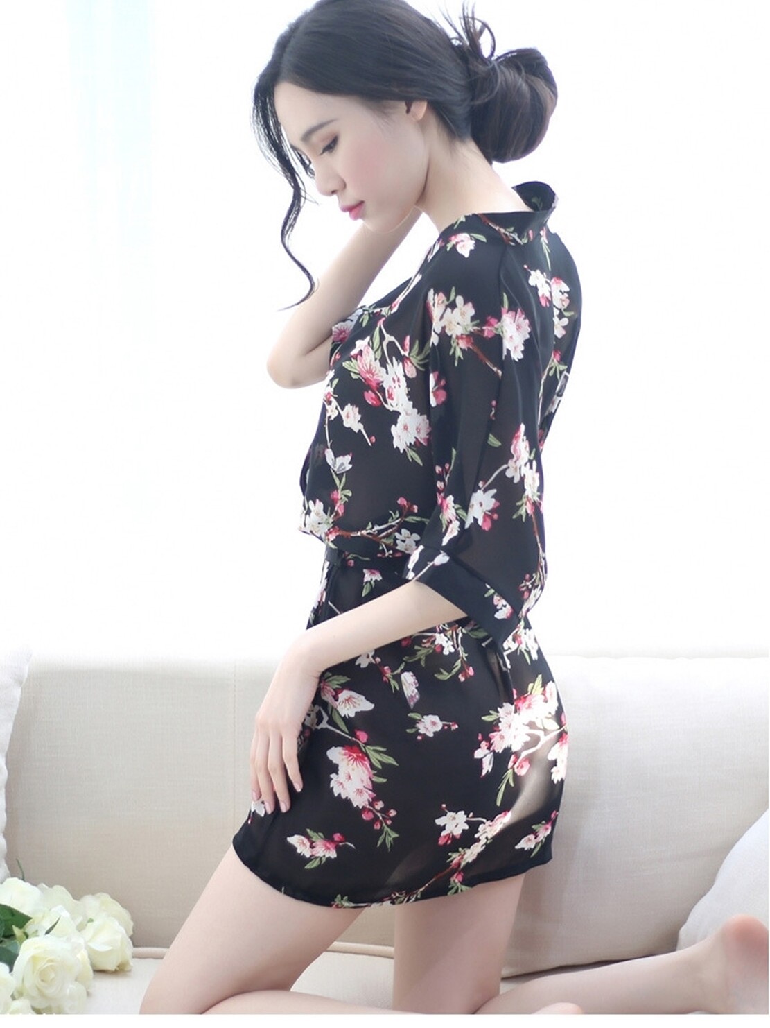 여성용 나이트가운 고급 쉬폰 드레스로도 착용 가능한 여름 아이스 실크 얇은 가디건 나이트가운 일본식 섹시 잠옷