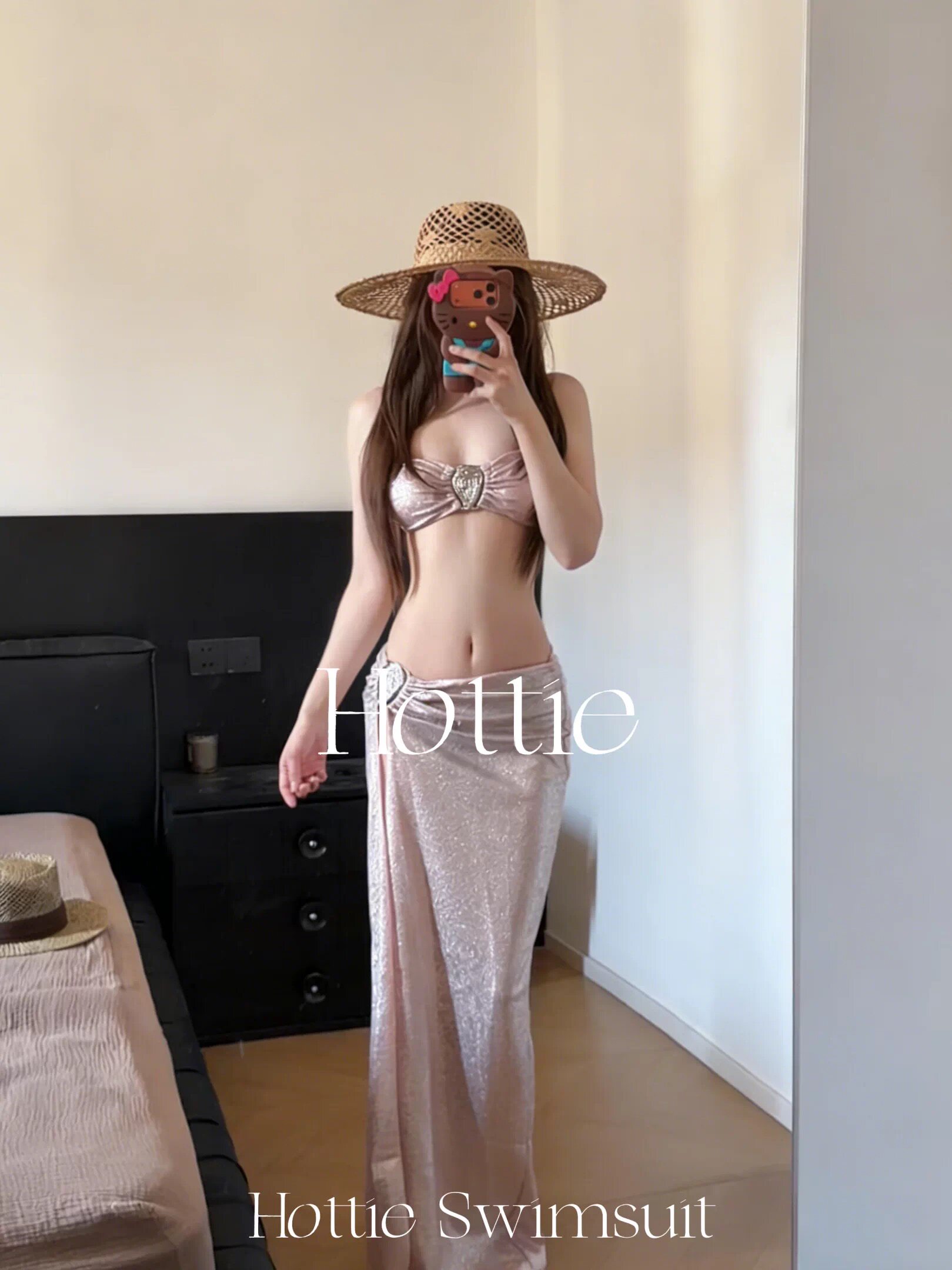 粉色水光人鱼裙高级闪闪旅游度假分体泳衣