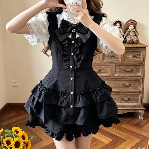 sc日系少女甜酷蕾丝袖连衣裙套装