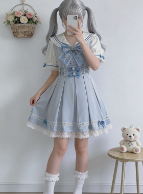 夏新日系量产型Lolita连衣裙海军风水蓝色软妹甜美元气量产型蕾服