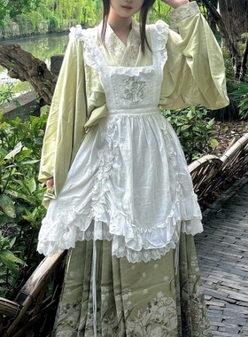 汉洋折衷汉服秋冬日常绿色套装交领开衫铃兰兔马面裙罩裙洛丽塔女