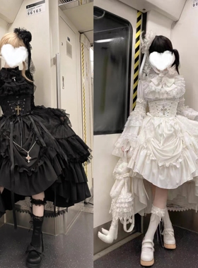 暗黑哥特风Lolita裙姬袖衬衫超华丽腰封提拉裙黑白双子洛丽塔套装