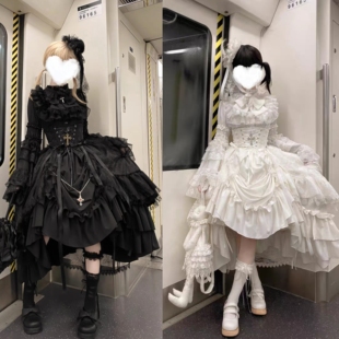 暗黑哥特风Lolita裙姬袖衬衫超华丽腰封提拉裙黑白双子洛丽塔套装
