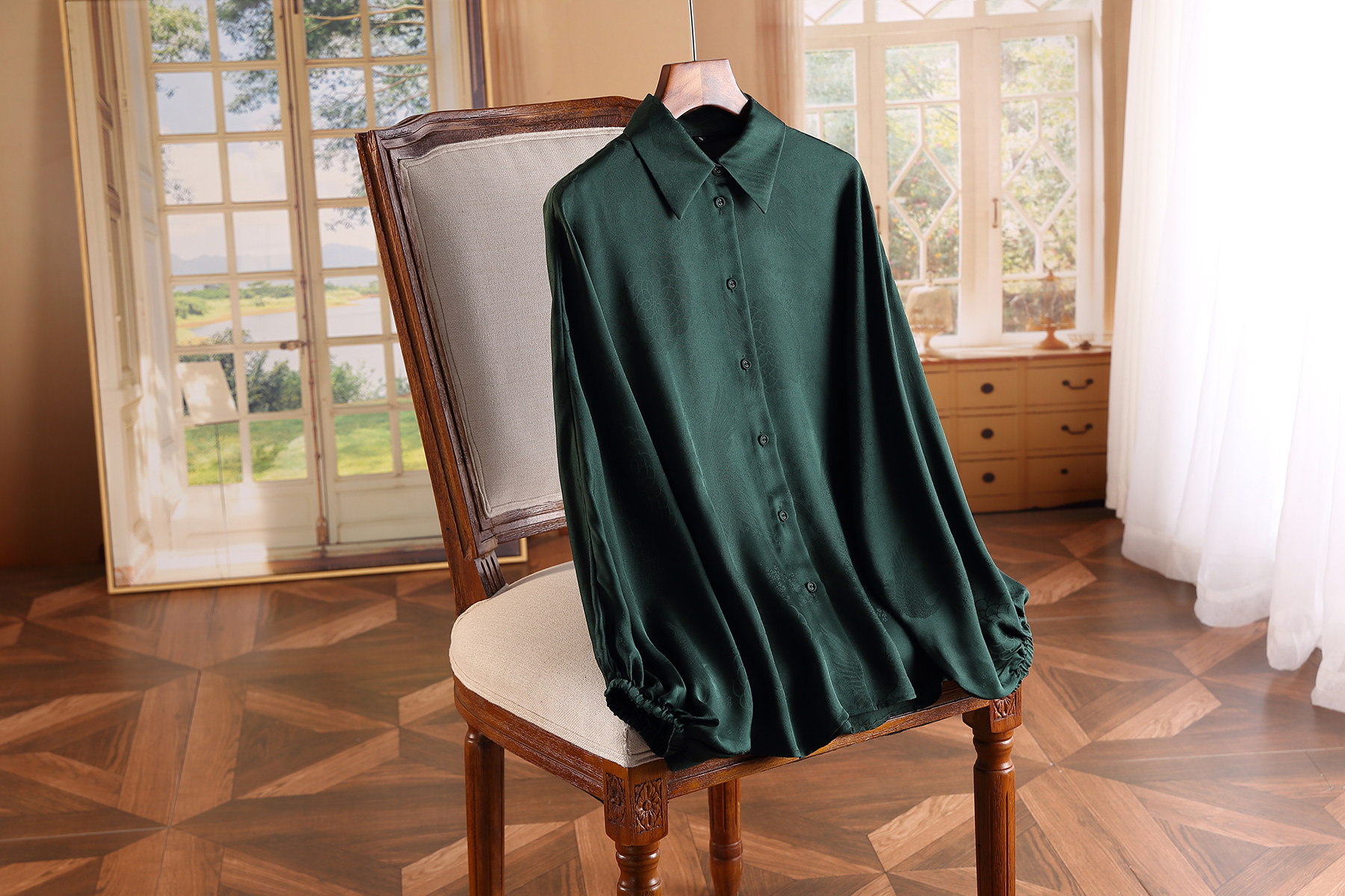 春装新款高端大码宽松真丝衬衫女长袖绿色翻领重磅桑蚕丝上衣不退