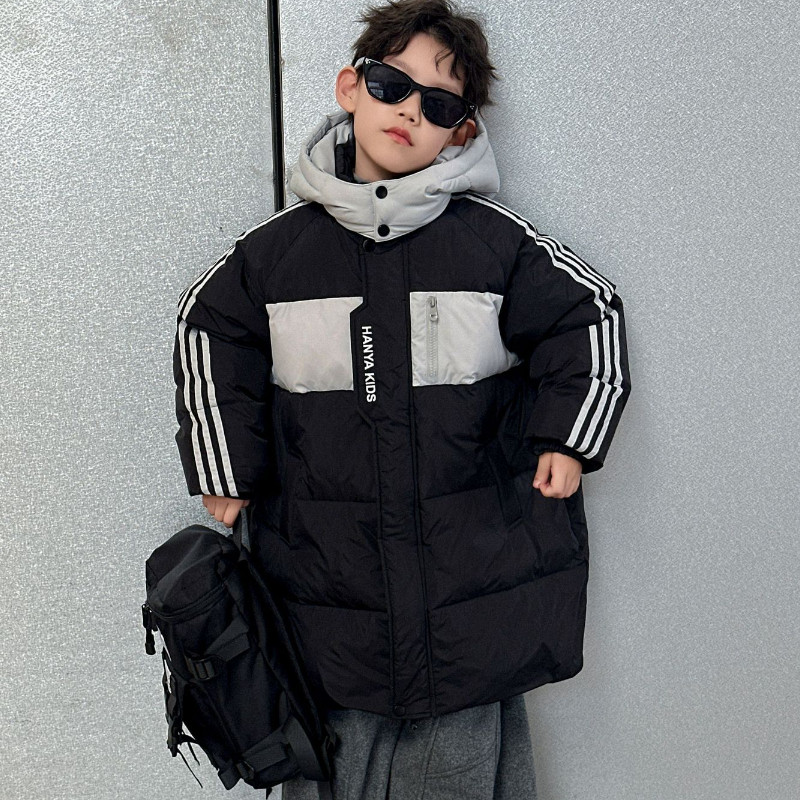 SAELAC男童羽绒服冬季潮流韩版帅气中长款连帽加厚拼色白鸭绒痞帅