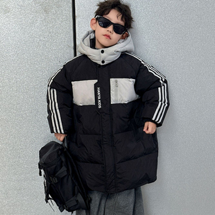 SAELAC男童羽绒服冬季潮流韩版帅气中长款连帽加厚拼色白鸭绒痞帅