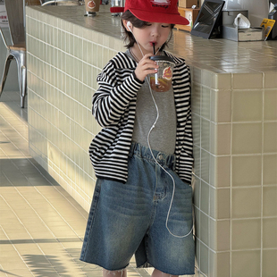 SAELAC儿童黑白条纹毛衣开衫休闲韩版洋气叠穿翻领男女童针织衫潮