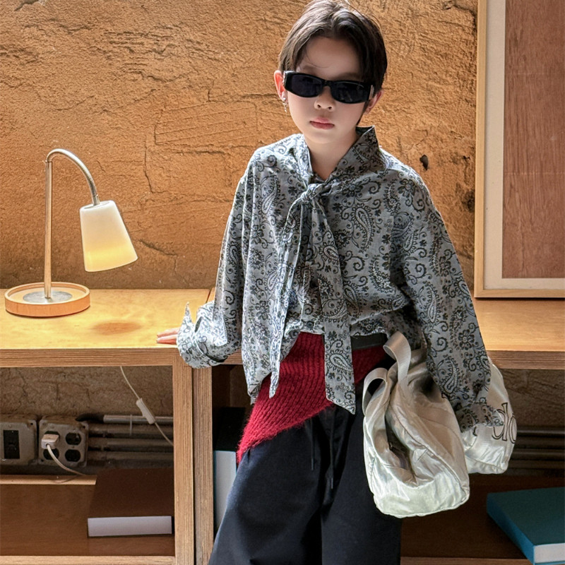 SAELAC复古印花领带衬衫男童痞帅风长袖帅气炸街衬衣2025早秋新款