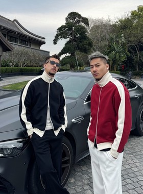 Old Money立领拼色休闲外套老钱风运动重磅390G拉链开衫