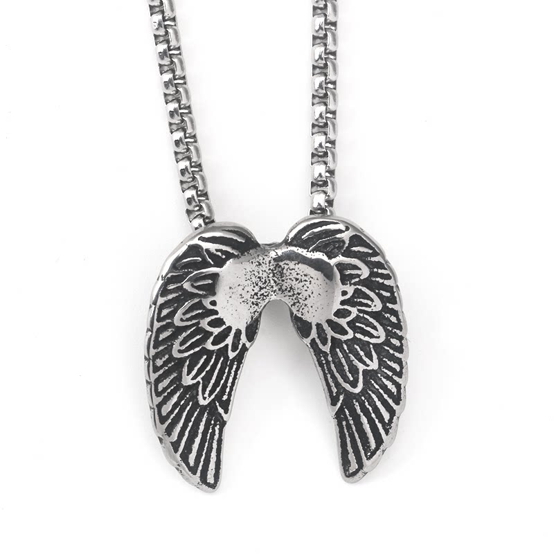 不锈钢复古天使之翼翅膀吊坠钛钢男女街头潮流时尚长款方珍珠项链