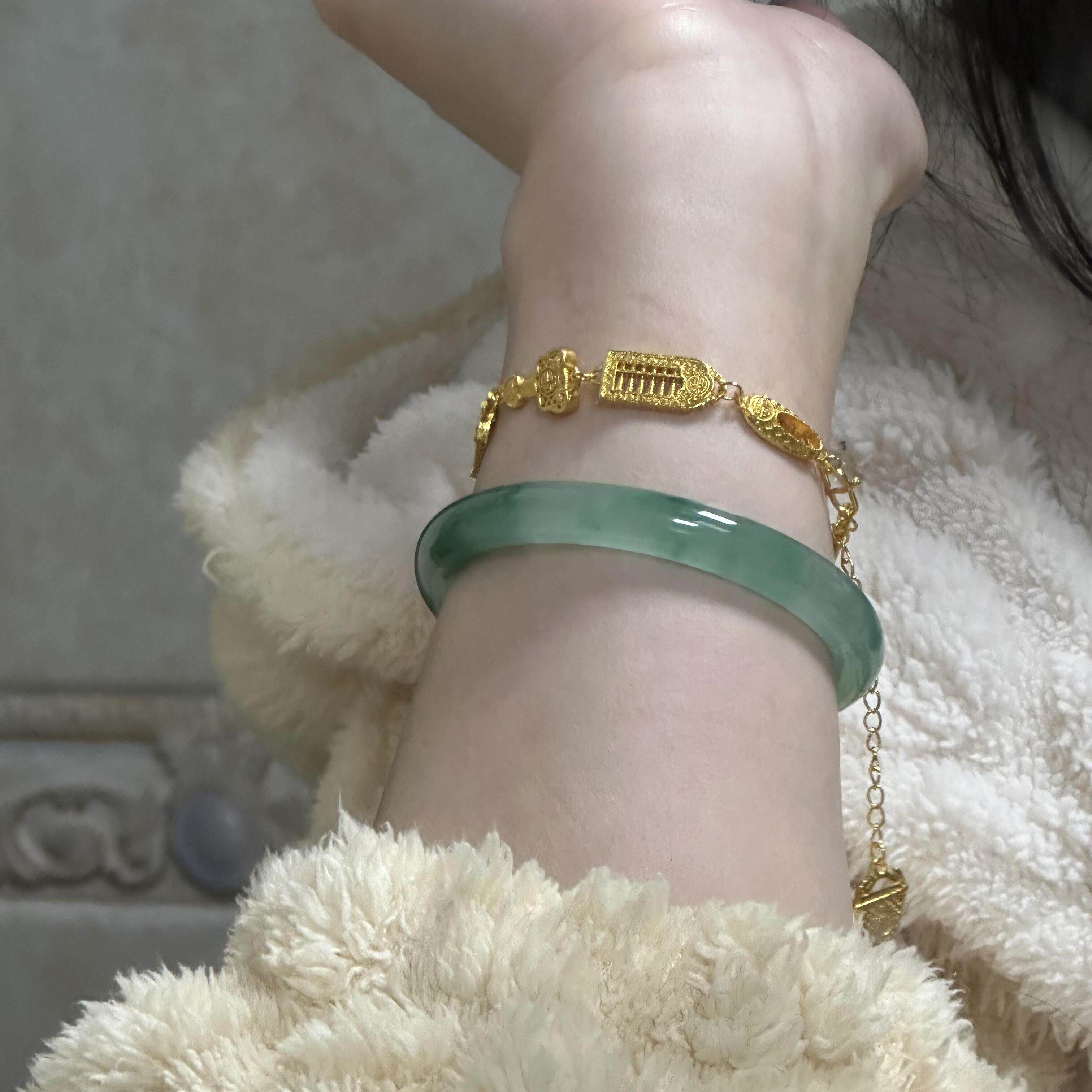 清岚绕腕缅甸冰种翡翠细圆条手镯女款叮当玉镯子飘花飘绿阳绿窄条