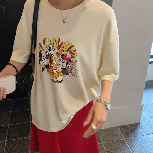 上新韩系复古宽松圆领米奇印花短袖T恤（含47.5棉料）(单卖短袖)