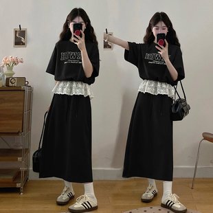裙 大码 女装 2025夏装 搭配一整套胖mm巨显瘦欧货休闲运动风黑色套装