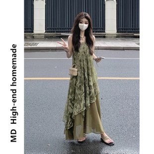 军绿色法式 复古茶歇甜美温柔风不规则吊带连衣裙子女七中长款 夏季