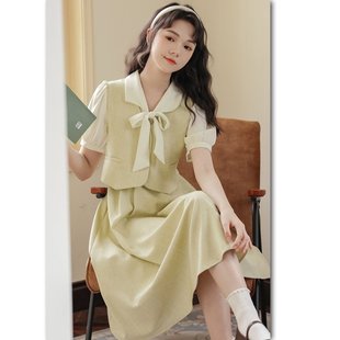 款 甜美学院风假两件连衣裙女夏季 设计感小众拼接chic蝴蝶结长裙子