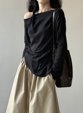 高级感斜肩扭结长袖T恤女 秋季不规则显瘦露肩针织衫82572