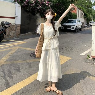 波西米亚民族风两件套连衣裙女夏遮手臂新疆海边度假棉麻长裙套装