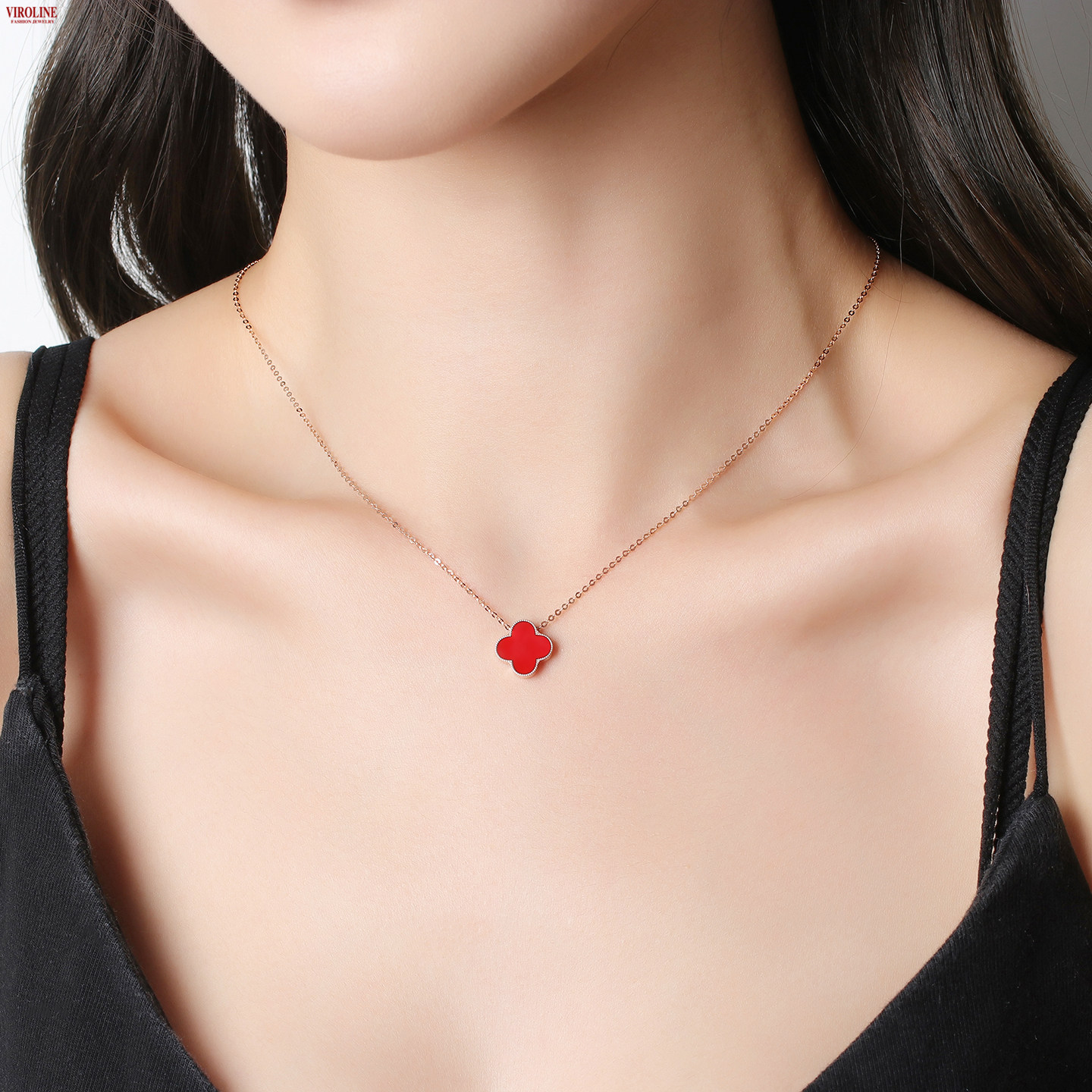 网红18k金四叶草项链玫瑰金黑玛瑙幸运红玉髓锁骨链彩金钻石吊坠
