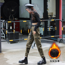 黑色工装裤女春秋加绒束脚加厚显瘦高腰小个子宽松休闲裤2020新款
