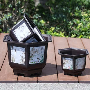 彩色六角花盆加厚仿陶瓷大号花盆种花果树月季 花绿萝塑料树脂花盆