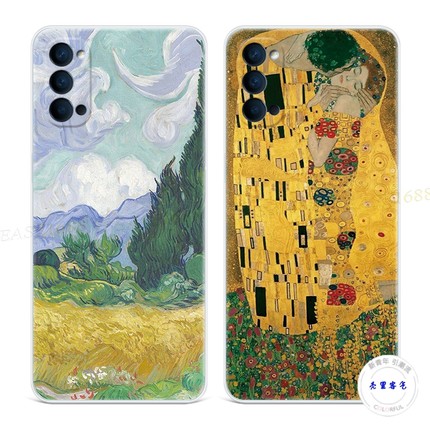 适用于亲吻油画9oppo Reno6手机壳8pro+7文艺5K复古4se梵高田野3元气版2z女款Ace轻薄软十