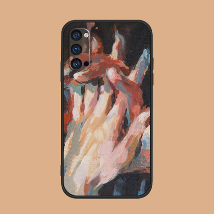 适用于oppo硅胶软手机壳findx3pro/r17/reno/5/7/ace2油画十指紧扣