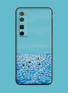 适用于华为手机壳nova9/8se/7pro蓝色海边磨砂防摔/5i/4小清新油画