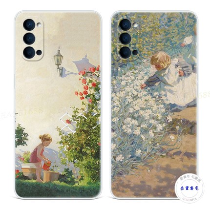 可爱油画9适用于oppo reno6手机壳8pro+7小清新5K文艺4se情侣3元气版2Z女款轻薄软十