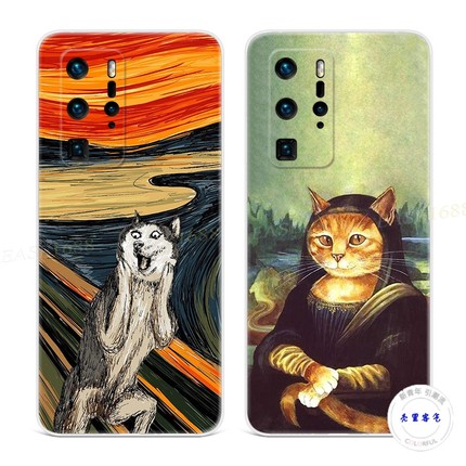 搞怪油画柴犬适用于华为p30手机壳P60P50p40p20pro+可爱猫咪艺术P10P9plus文艺复古女款超薄软e十art