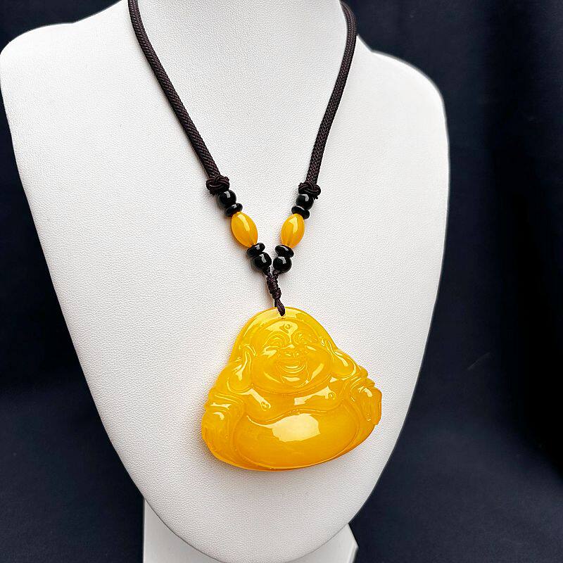 高端蜜蜡色佛像吊坠项链琥珀血珀大肚笑佛白蜜挂坠观音男女毛衣链