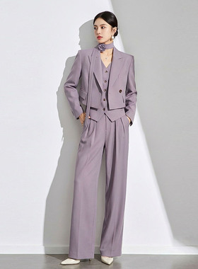 轻奢紫色短款西装马甲阔腿裤套装女职场修身高级感通勤三件套春秋