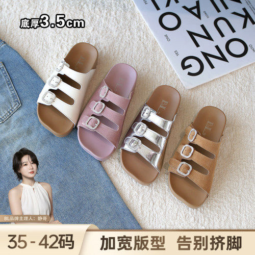 BL静哥加宽大码女鞋K62072厚底水钻一字扣勃肯凉拖鞋子外穿半拖夏
