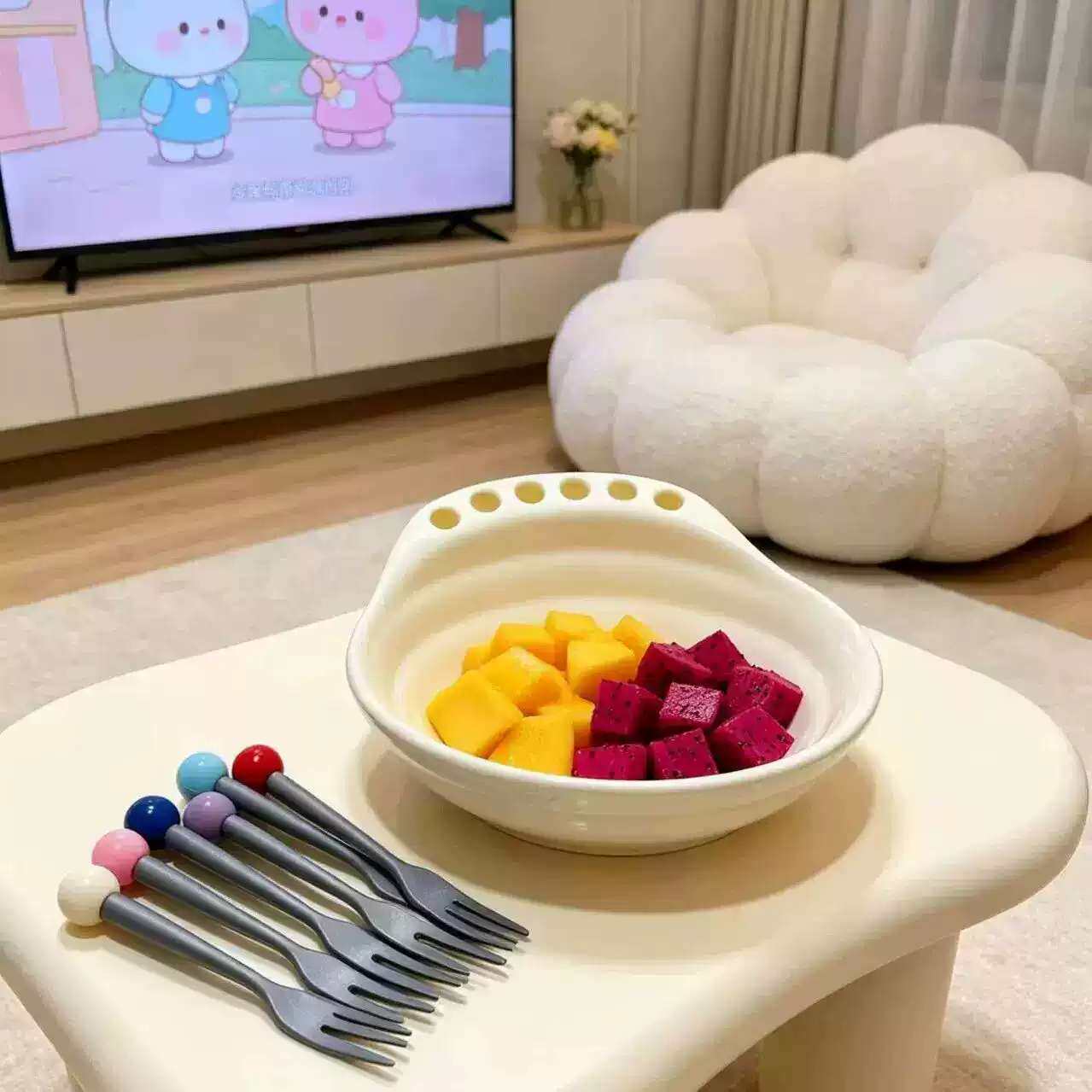 多巴胺螺纹水果盘客厅茶几用零食摆放盘碗不锈钢水果叉套装