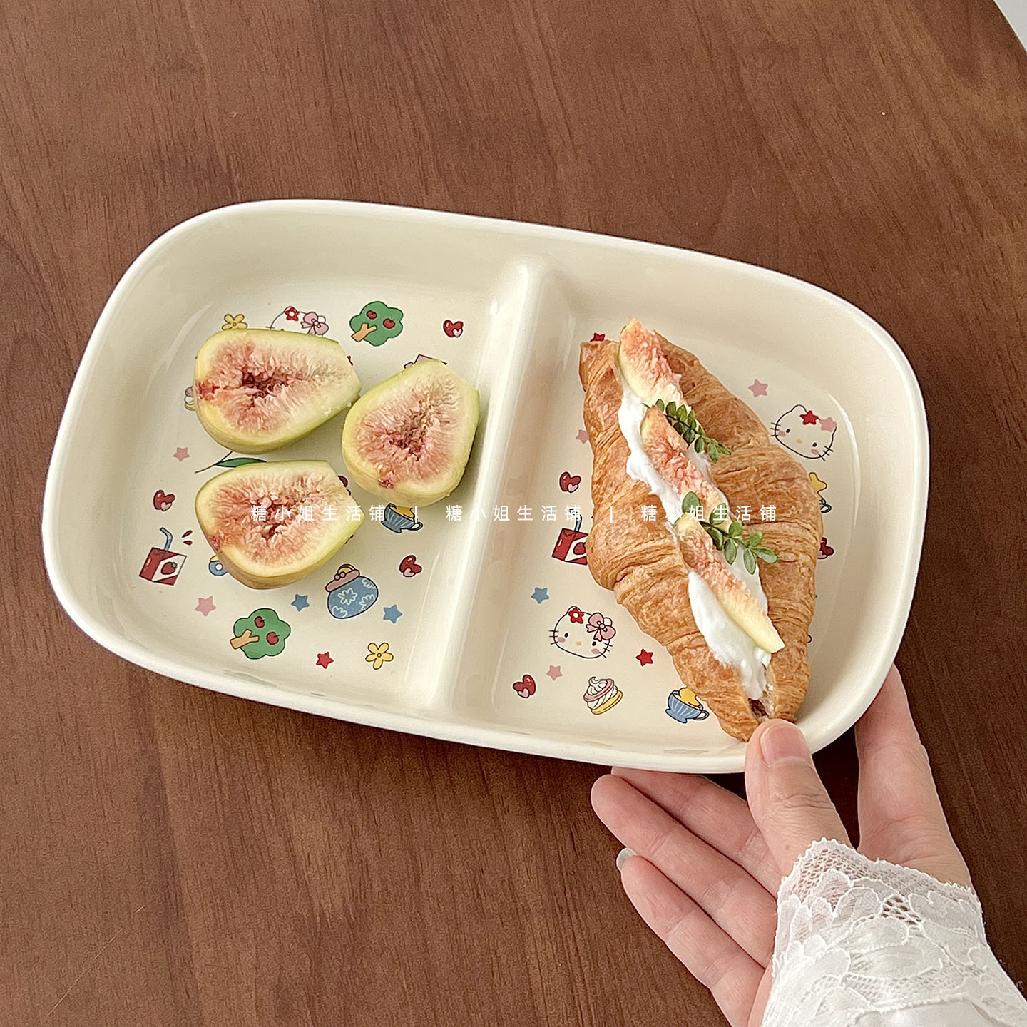 糖小姐 helloykitty卡通分餐盘漂亮陶瓷盘子一人食两格早餐分隔盘