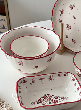 糖小姐 ins复古碎花餐具套装红色花边釉下彩陶瓷饭碗盘子套伴手礼