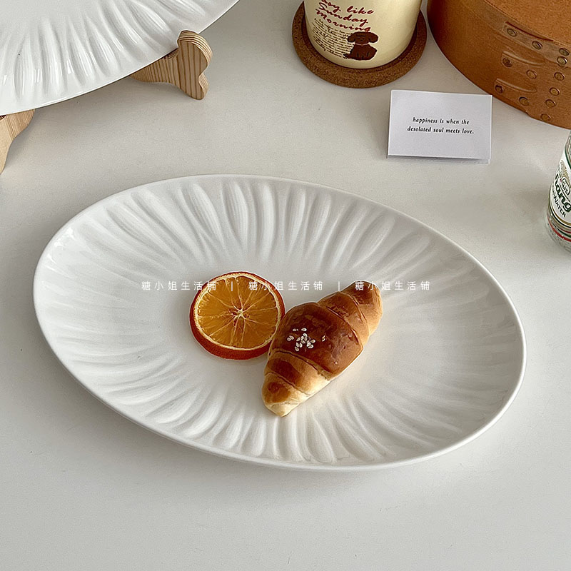 糖小姐ins风陶瓷盘子家用菜盘水果盘白色浮雕椭圆形大盘鱼盘餐具