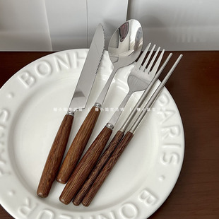 糖小姐 韩国ins不锈钢西餐餐具套实木柄牛排刀叉勺子吃饭筷子饭勺